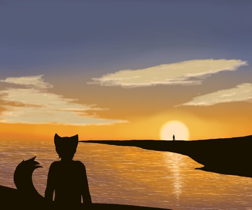 A scenic, digital artwork of two anthro characters standing on landmasses separated by a body of water. The sun sets in the background, silhouetting both characters and behind the one who is further away. The sunset is reflected in the waters below and a few clouds are lit on their edges against the blue-orange gradient sky.