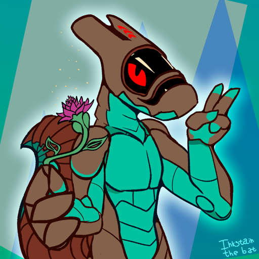 Simple flat color drawing of a green and brown synth holding a mystical alien flower towards the viewer and smiling at them
