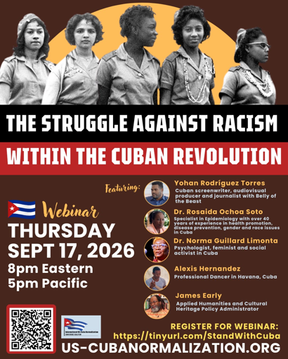 Poster graphic for webinar
Thursday, Sept. 17, 2026  8:00pm EDT
https://tinyurl.com/StandWithCuba
