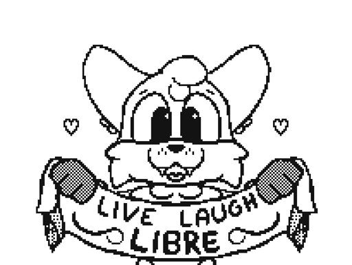 Foxfire, an anthro fox, looks at you with a big open mouth smile. He's holding a banner with text saying "live, laugh, libre." Small hearts appear on either side of him. This is a pun based on free software and the phrase "live, laugh, love." 