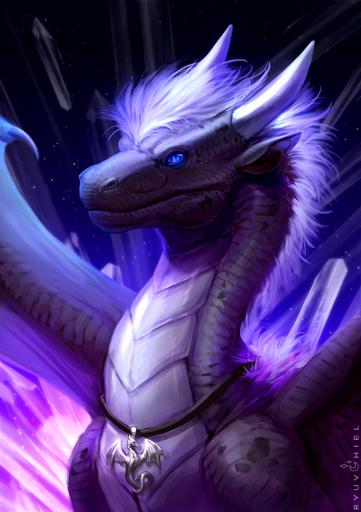 A purple dragon with blue eyes and white mane stands in front of glowing crystals. They are wearing a necklace with a dragon-shaped pendant. The background is a starry night sky with crystals floating in it.