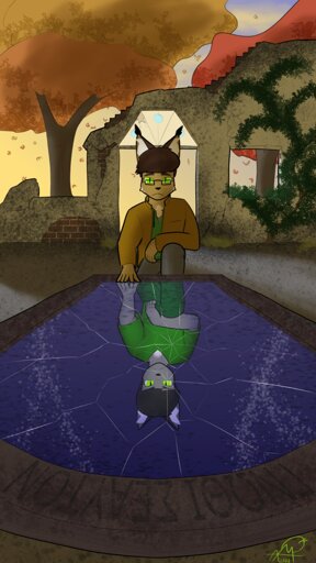 A male anthropomorphic lynx kneeling in front of a broken mirror in the middle of a ruin. His reflection visible is not himself, but a male anthropomorphic grey cat.