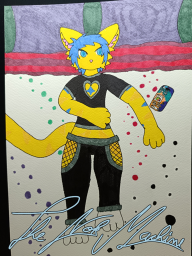 Nokcer, a yellow kemono street cat with blue hair, wearing a black shirt and a black pant, laying in a bed next to his smartphone with Telegram opened. 