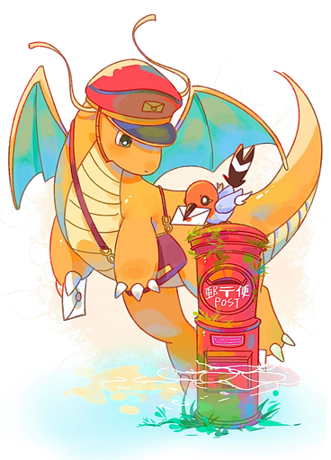 Dragonite postal worker and their Fletchling friend is standing atop a traditional Japanese mailbox
